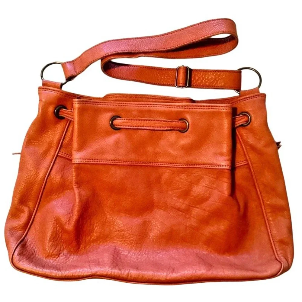 Women's Vintage Genuine Leather Orange Brown Bag Shoulder Purse Zippers Pockets